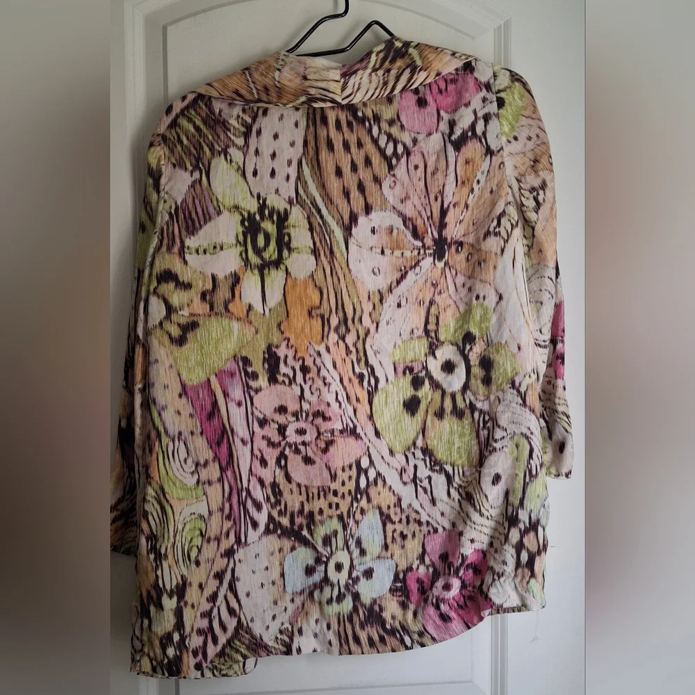 Chicos Womens Sweater Silk Multicolor Floral Open Front Blazer Lightweight Sz 1